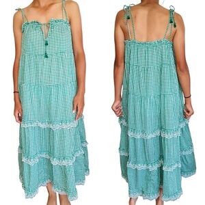 J Crew Gingham Check Sundress XS Cottage Beach Green Peasant Tiered Ruffle Retro